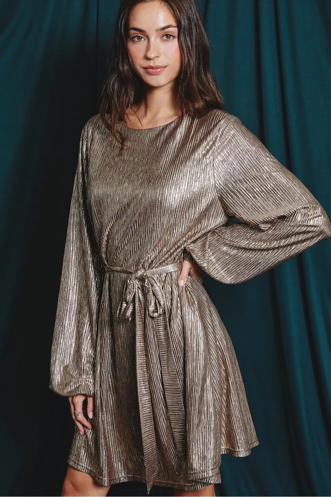 Gold Pleated Tie Waist Mini Dress Gold / S Gold Pleated Tie Waist Mini Dress Gold / S
