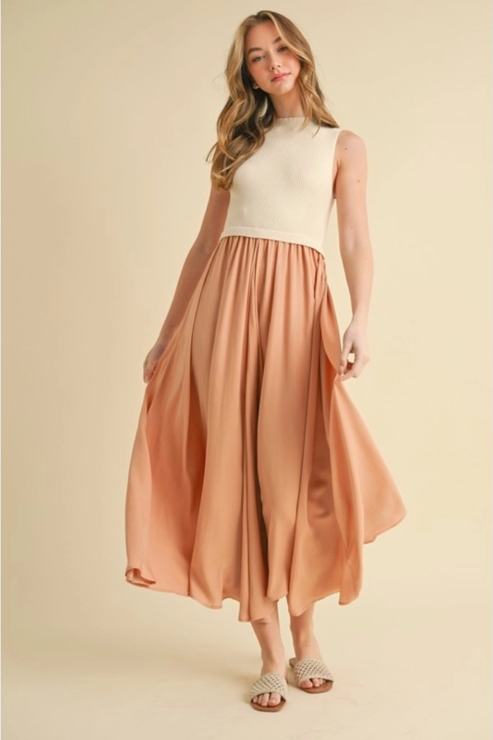 satin midi dress with sweater Sleeveless Sweater and Satin Midi Dress